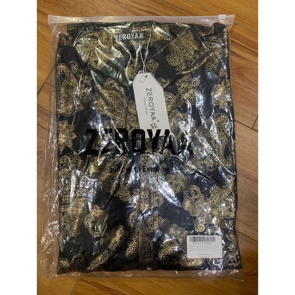 ZEROYAA Mens Extra Large Black Gold Paisley Print Button Down Slim Fit LS Dress - Picture 1 of 3